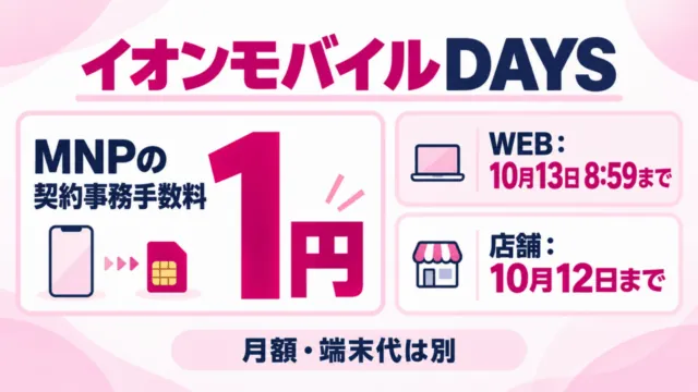 イオンモバイルDAYSはMNPの契約事務手数料1円。WEBは10月13日8:59まで、店舗は10月12日まで。月額・端末代は別と示す図解。