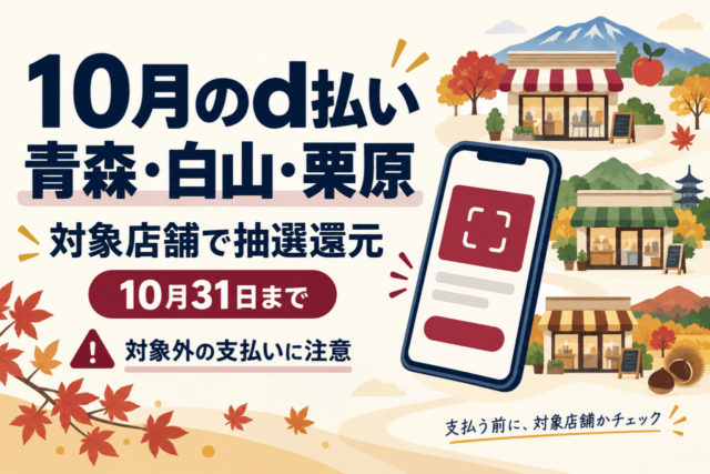 10月のd払い。青森・白山・栗原の対象店舗で抽選還元。10月31日まで、対象外の支払いに注意。