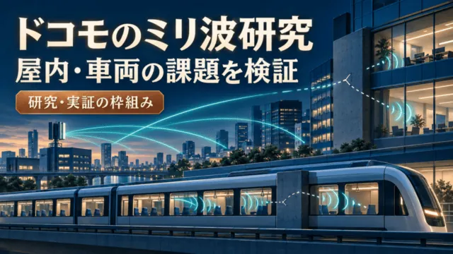 ドコモのミリ波研究。屋内・車両の課題を検証する研究・実証の枠組みを、建物・列車・電波の概念イラストで示す。