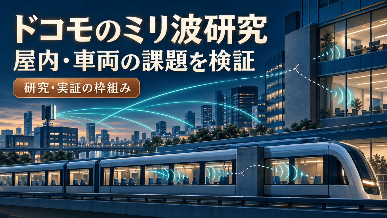 ドコモのミリ波研究。屋内・車両の課題を検証する研究・実証の枠組みを、建物・列車・電波の概念イラストで示す。