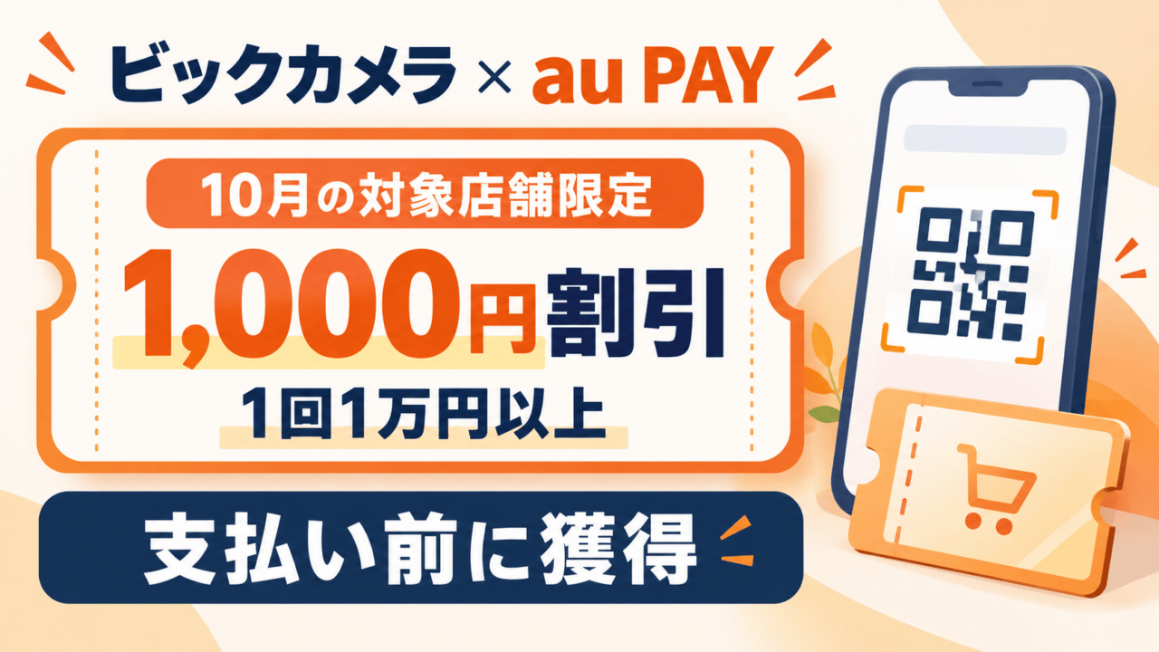 2026年10月のビックカメラ対象店舗限定。au PAYコード支払い1回1万円以上で1,000円割引、支払い前にクーポン獲得。