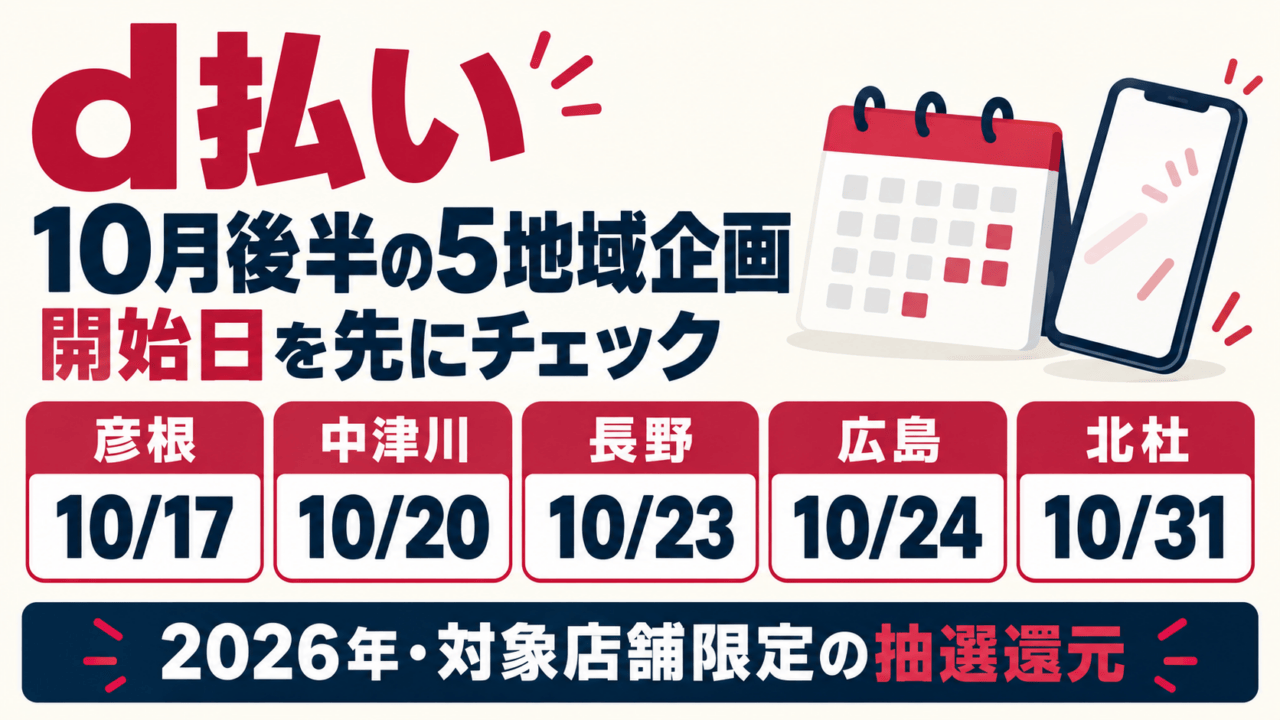 d払いの10月後半5地域企画の開始予定。彦根10月17日、中津川20日、長野23日、広島24日、北杜31日。2026年、対象店舗限定の抽選還元。