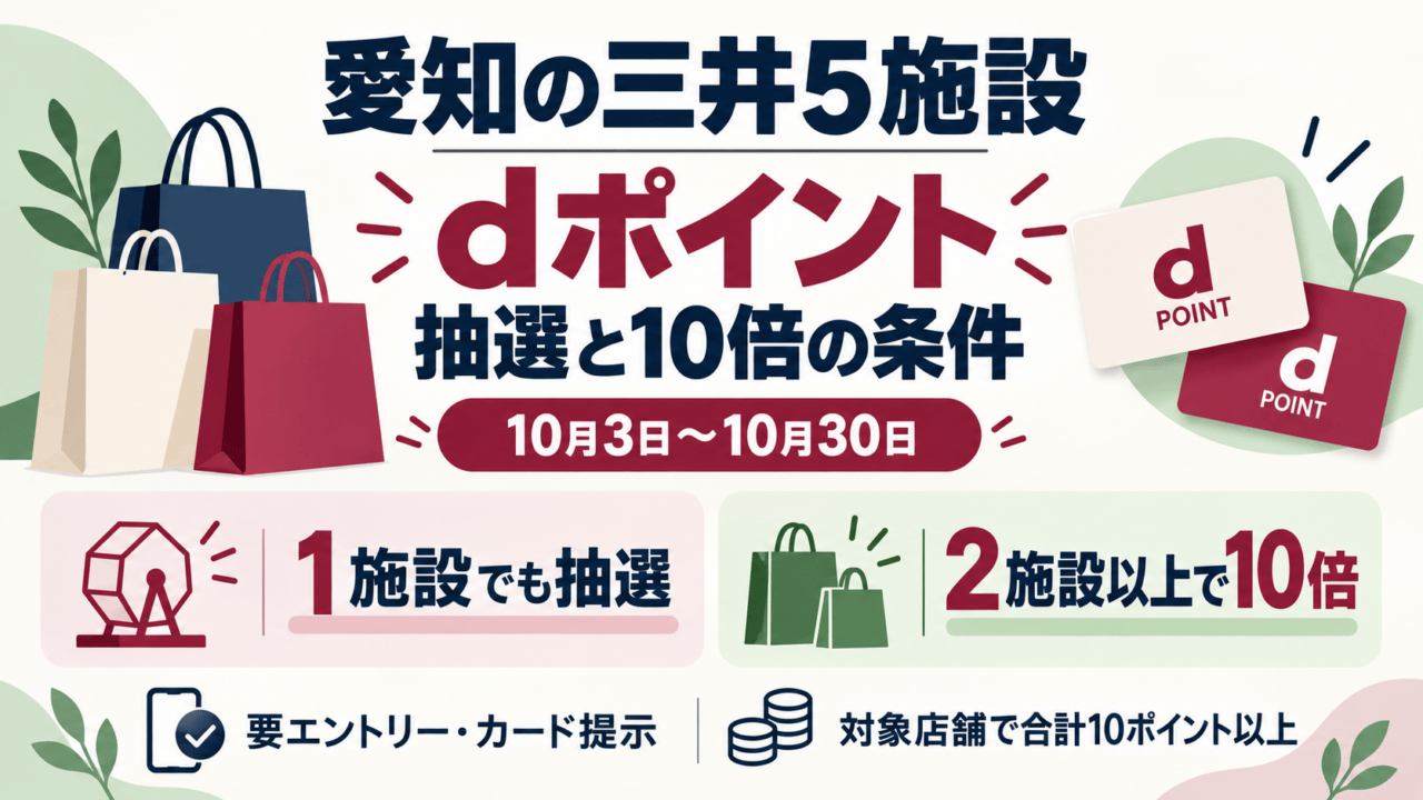 愛知の三井5施設のdポイント企画。10月3日〜30日、要エントリーとカード提示。1施設でも抽選、2施設以上で10倍。対象店舗の通常ポイント合計10ポイント以上が必要。