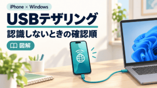 iPhoneとWindowsパソコンをUSBケーブルでつなぐ概念図。USBテザリングで認識しないときの確認順。