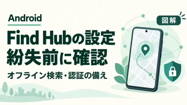 AndroidのFind Hubを紛失前に確認する図解。オフライン検索と認証の備えを示すスマホ、位置ピン、盾。