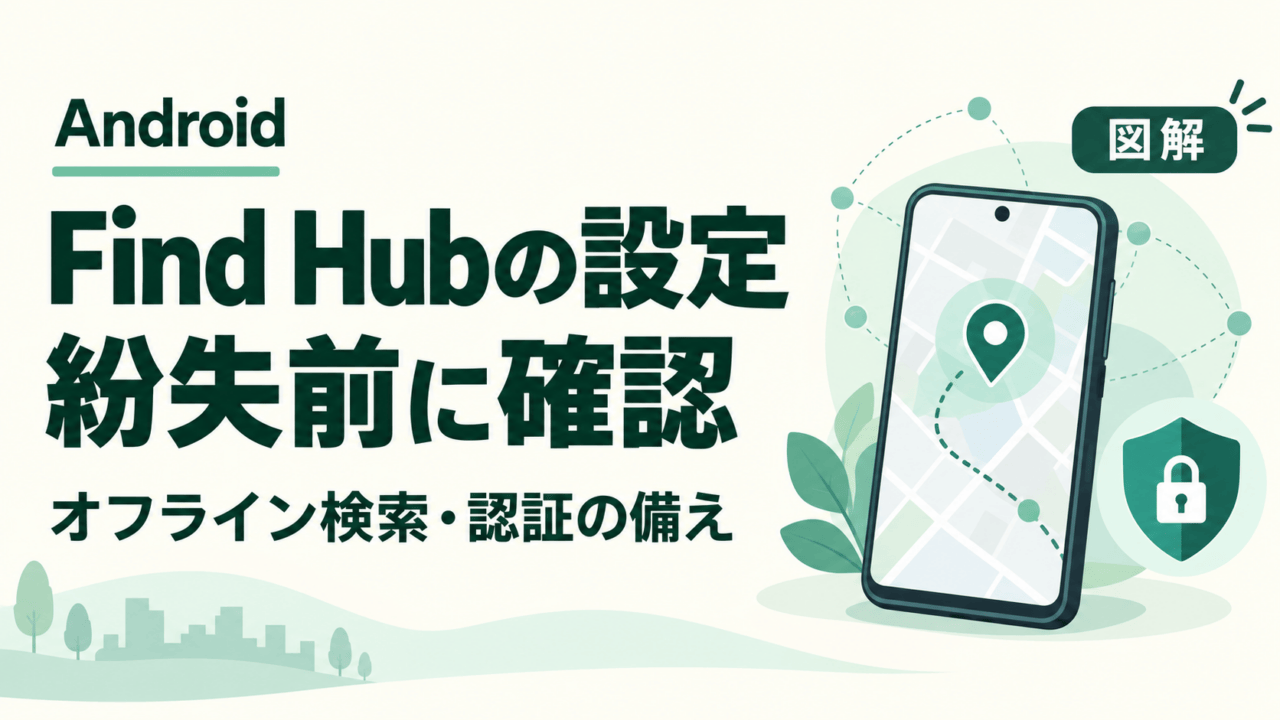 AndroidのFind Hubを紛失前に確認する図解。オフライン検索と認証の備えを示すスマホ、位置ピン、盾。