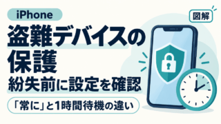 iPhoneの盗難デバイスの保護を紛失前に確認する図解。盾と時計で「常に」の設定と1時間待機の違いを示す。