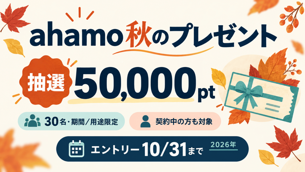 ahamo秋のプレゼント。抽選50,000ポイントは30名・期間用途限定。契約中も対象で、2026年10月31日までにエントリーする企画。