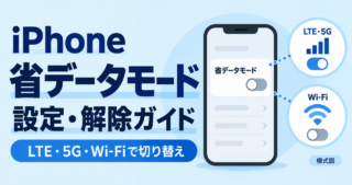 iPhoneの省データモード設定・解除ガイド。LTE・5GとWi-Fiで別々に切り替える模式図。