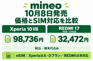 mineoの10月8日発売端末を比較。Xperia 10 VIIIは98,736円、REDMI 17 4GB/128GBは32,472円。税込端末代のみ。eSIMはXperiaのA/Dプラン対応、REDMIは非対応