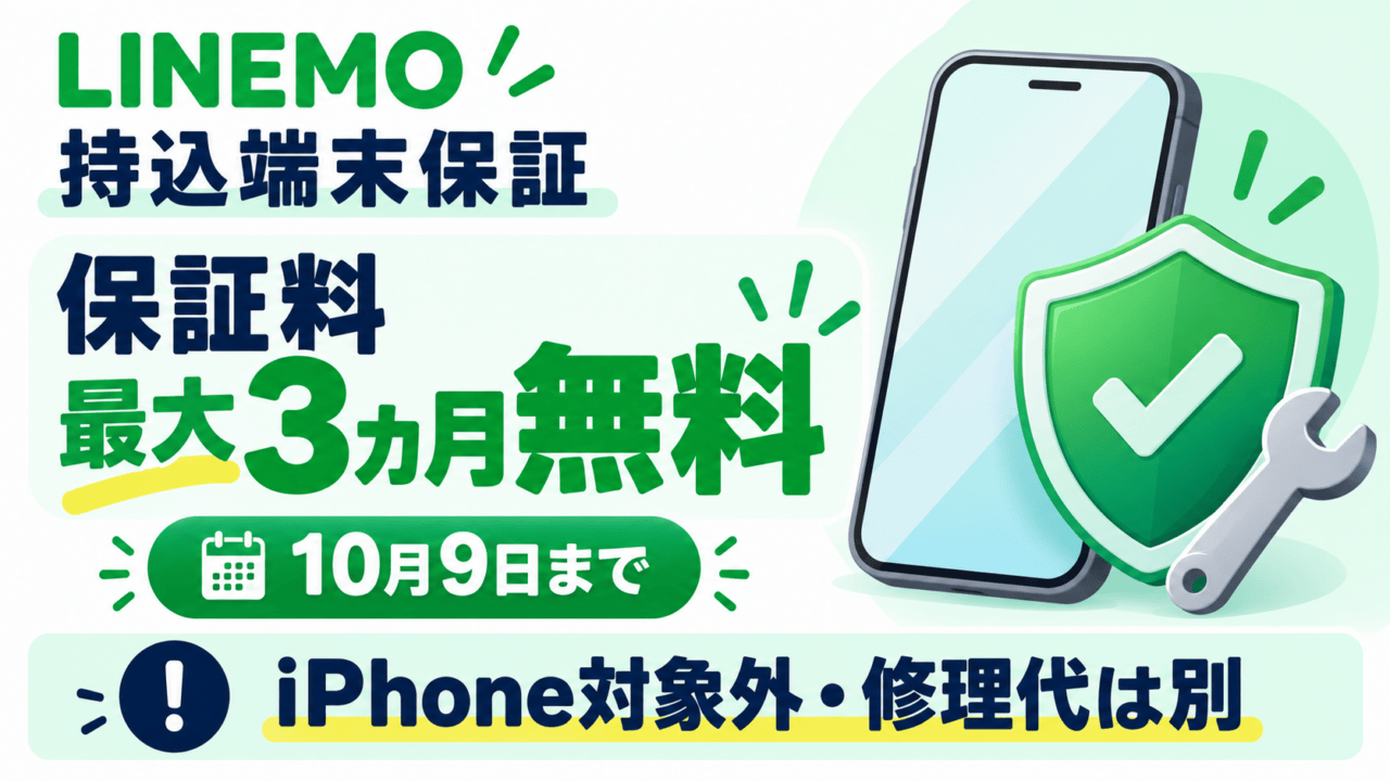 LINEMO持込端末保証。保証料が最大3カ月無料、10月9日まで。iPhoneは対象外で修理代は別と示すスマホと盾の模式図。