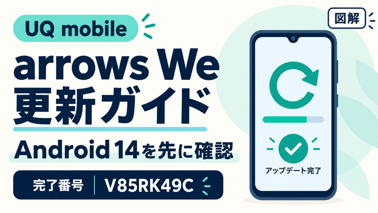 UQ mobileのarrows We更新ガイド。Android 14を先に確認し、完了番号V85RK49Cを確認する手順を示すスマホと矢印の図解。