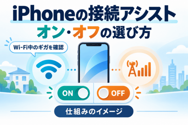 iPhoneの接続アシストのオン・オフの選び方。Wi-Fiとモバイル通信、ONとOFFの切り替えを表す仕組みのイメージ。