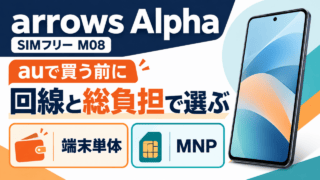 arrows Alpha SIMフリー M08をauで買う前に、端末単体とMNPを回線・総負担で選ぶイメージ。