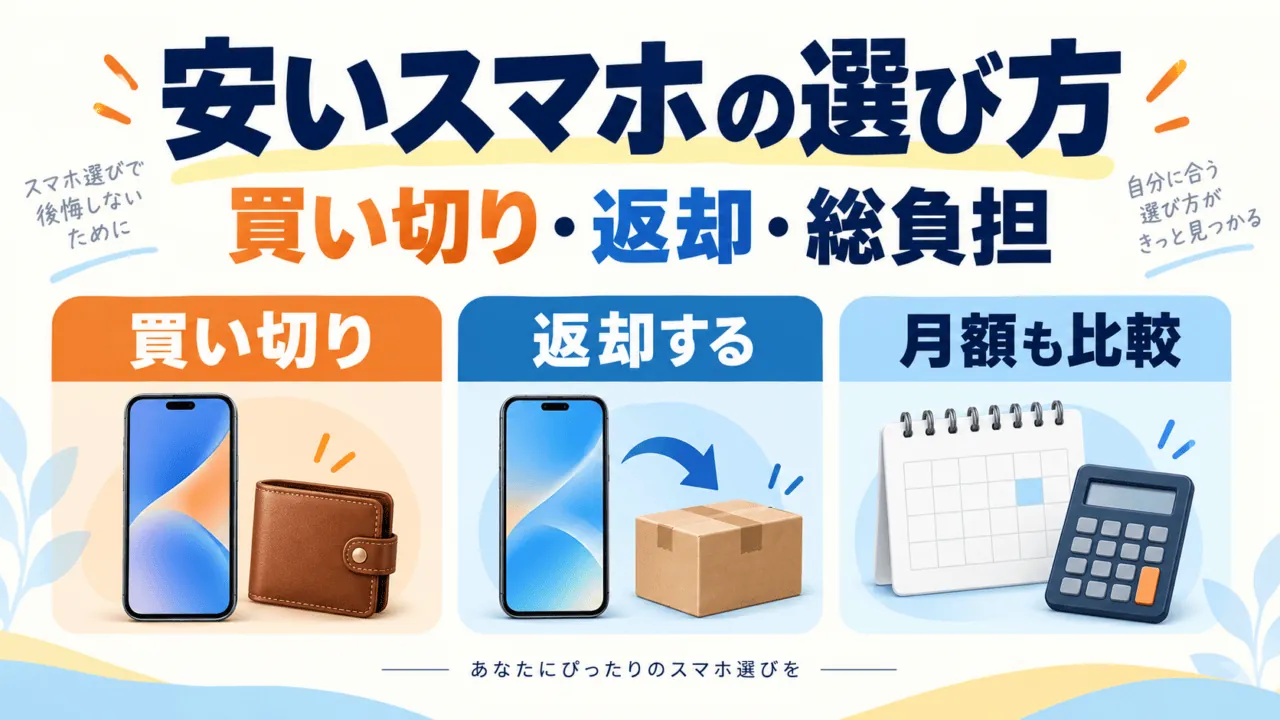 安いスマホを買い切り・返却・毎月の総負担から選ぶ概念イメージ