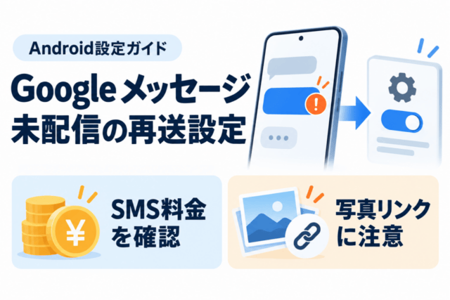 AndroidのGoogle メッセージの未配信再送設定。SMS料金を確認し写真リンクに注意する図解。