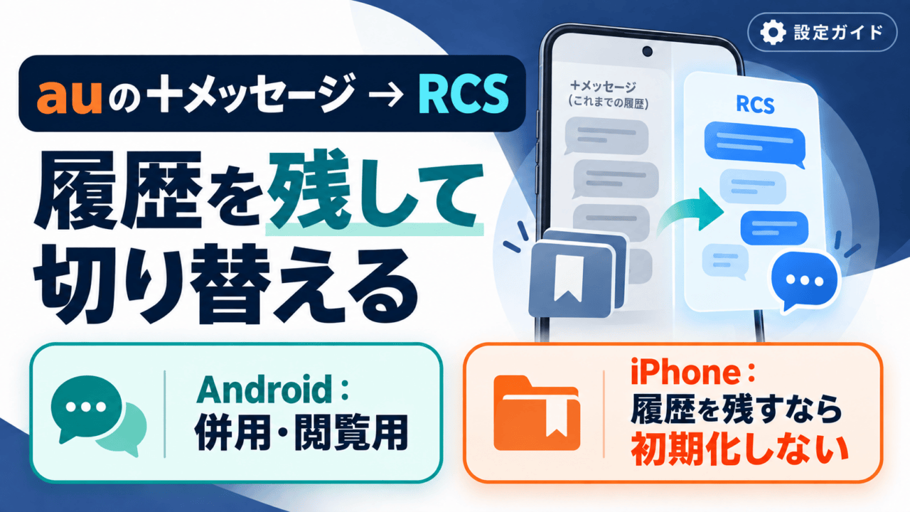 auの＋メッセージからRCSへ履歴を残して切り替える設定ガイド。Androidは併用・閲覧用、iPhoneは履歴を残すなら初期化しないと分けた図解。