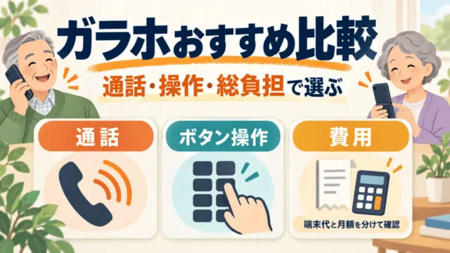 ガラホおすすめ比較。通話・ボタン操作・費用の3つの図で、端末代と月額を分けて選ぶ。