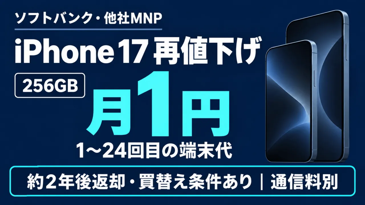 iPhone 17再値下げ。256GB・他社MNPは最初の24回の端末代が月1円。返却・買替え条件あり、通信料別。