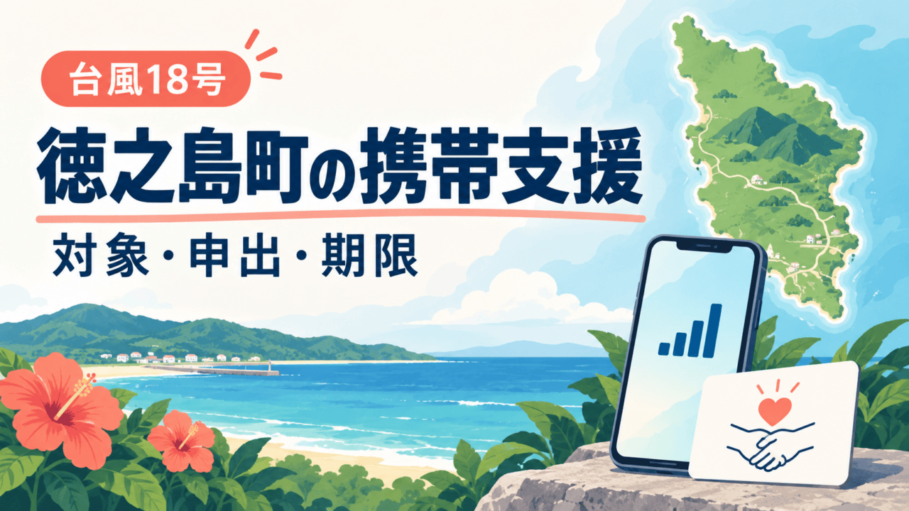 徳之島の海岸を描いたイラスト。スマートフォンと支援カードを手前に置き、「台風18号」「徳之島町の携帯支援」「対象・申出・期限」の文字を示す。