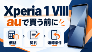 Xperia 1 VIIIをauで買う前に、価格・契約・返却条件を確認するイメージ。