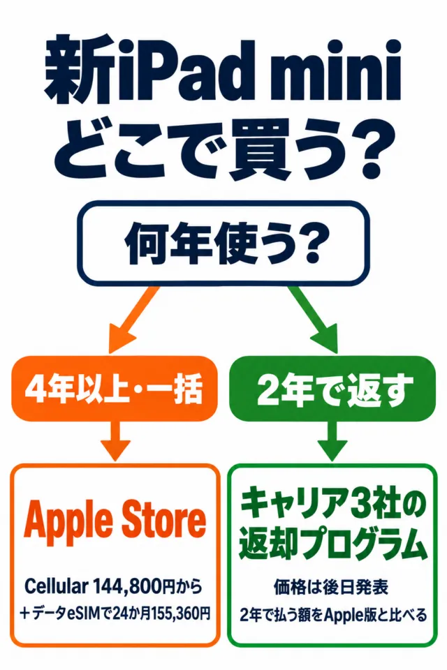 図解：新iPad miniは4年以上一括ならApple Store（Cellular 144,800円から、データeSIMで24か月155,360円）、2年で返すならキャリア3社の返却プログラム（価格は後日発表）
