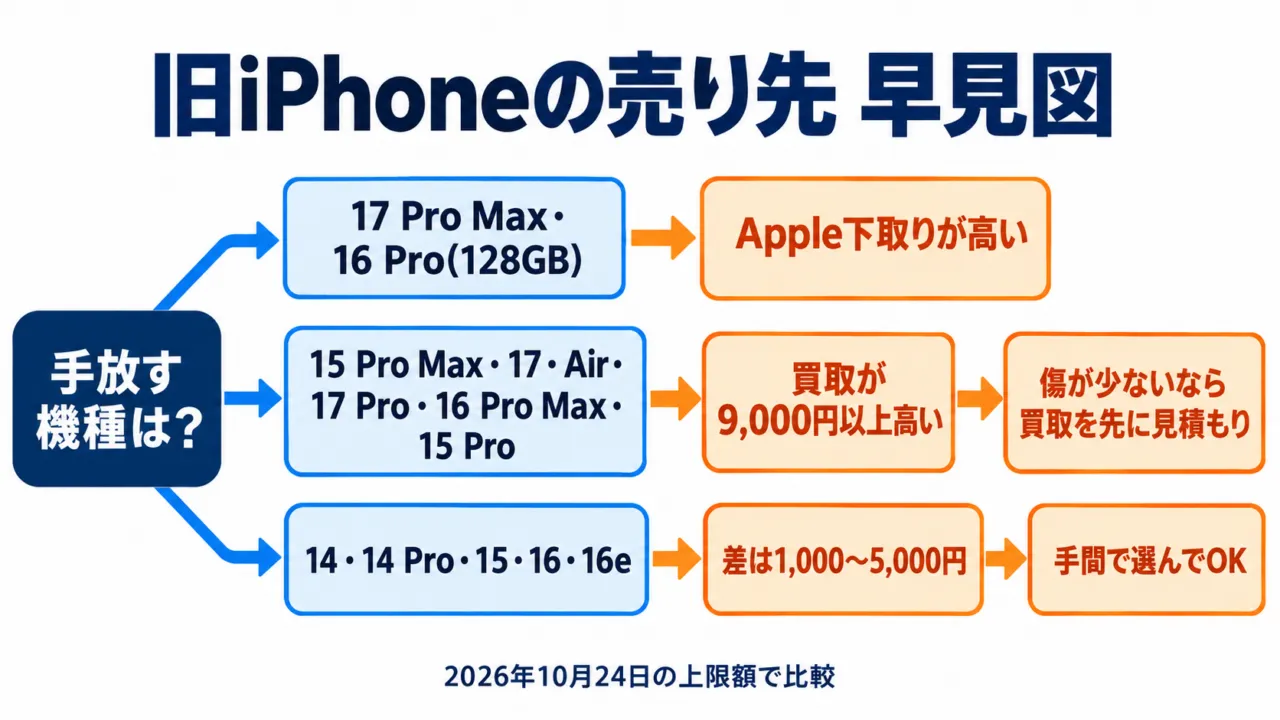 図解：旧iPhoneの売り先早見図。機種ごとにApple下取りと買取のどちらが高いかを3つに分けたもの