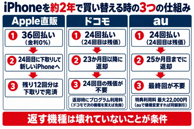 Apple・ドコモ・auで約2年後に返して買い替える仕組みを比べた図解