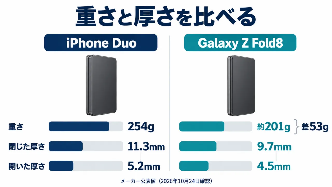 図解：iPhone DuoとGalaxy Z Fold8の重さと厚さの比較