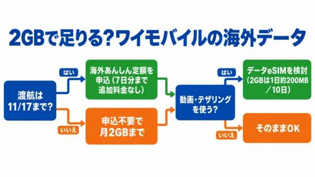 図解：渡航が11月17日までか、動画・テザリングを使うかで、あんしん定額・月2GB・データeSIMを選ぶ分岐