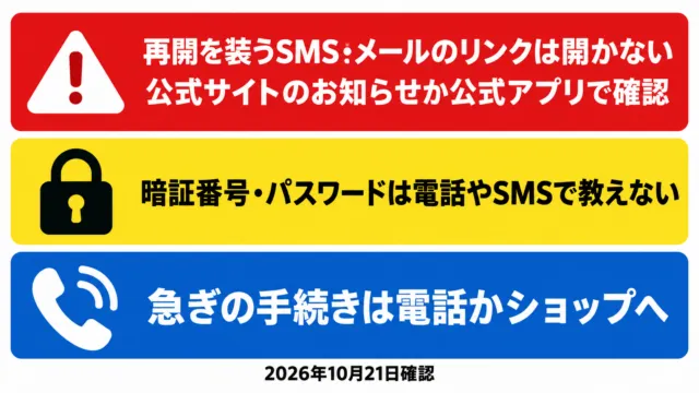 図解：Web版停止中の注意。再開を装うSMSのリンクを開かない、暗証番号は教えない、急ぎは電話かショップへ