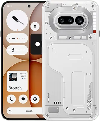 Nothing Phone (4a)の前面と白い背面。横並びのカメラと透明感のあるパネル