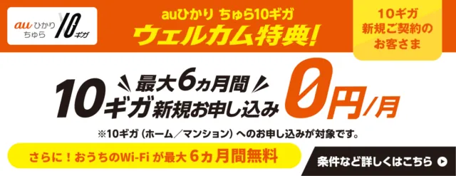auひかり ちゅら10ギガのウェルカム特典。新規契約はネット料金が最大6か月0円。