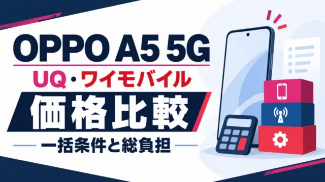 OPPO A5 5GのUQとワイモバイルを、本体価格だけでなく回線とオプションの総負担で比較するオリジナル概念図。
