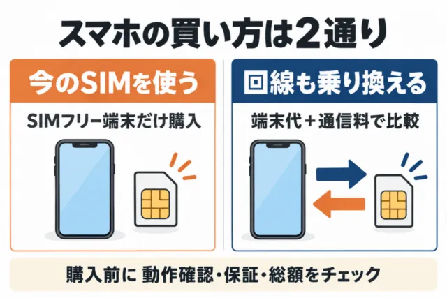図解：今のSIMを使うならSIMフリー端末だけ購入、回線も乗り換えるなら端末代と通信料を比較