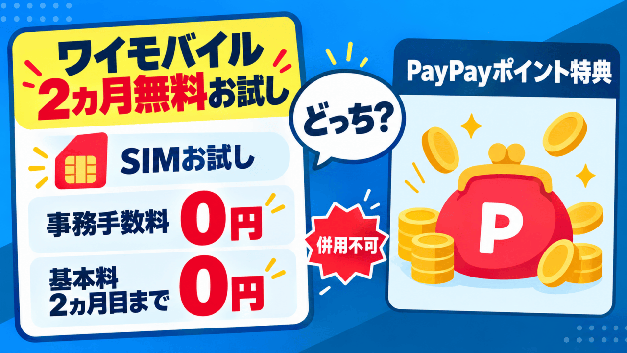 ワイモバイルのSIMお試し(事務手数料0円・基本料2ヵ月目まで0円)とPayPayポイント特典を比べる図解
