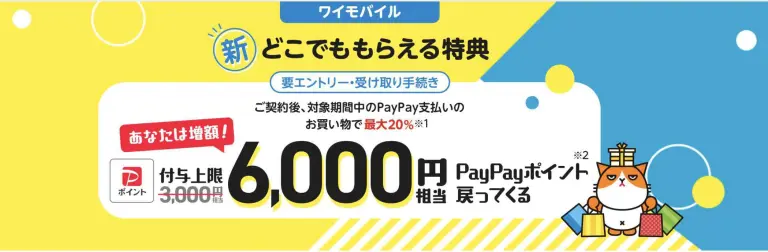 ワイモバイル 新どこでももらえる特典 6000円または3000円キャッシュバックキャンペーン
