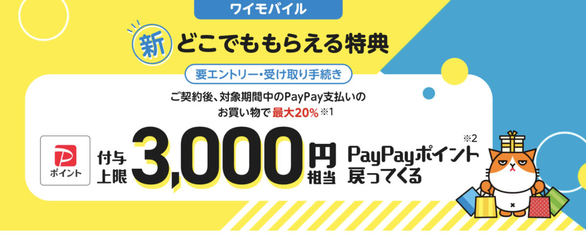 【裏技】ワイモバイル 新どこでももらえる特典 3000円キャッシュバックキャンペーン