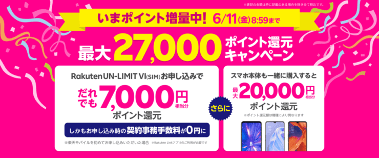 楽天モバイル 最大27000ポイント還元